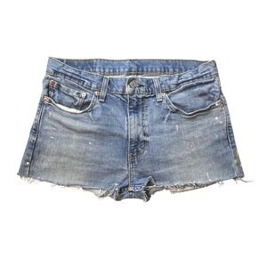 Levi's 511 Denim Shorts Womens 34 Blue Slim Raw Hem Paint Splatter Cut Offs Jean